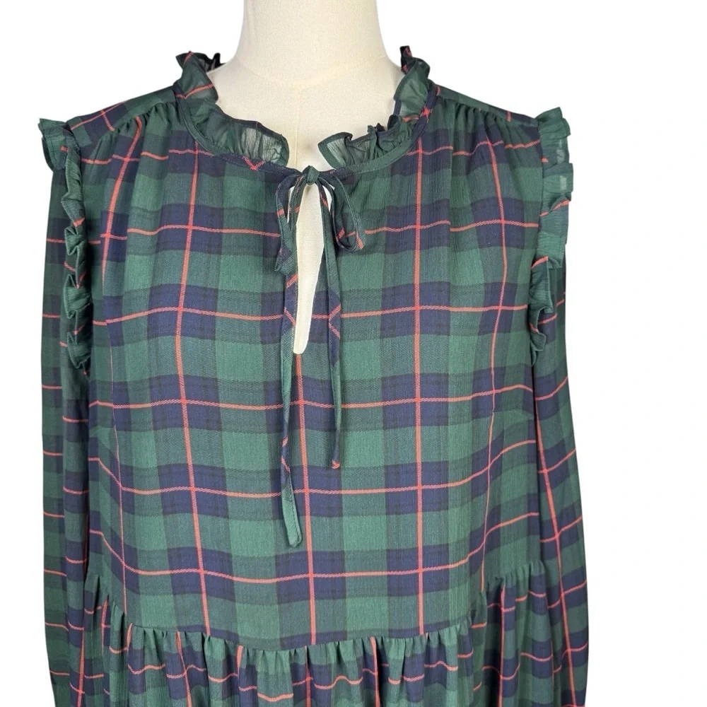 J.Crew Tartan Plaid Tiered Dress XL Green Blue Ruffle Tie Neck Long Sleeve